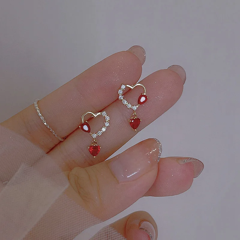2023 New Fashion Sweet Heart Red Drop Earrings for Women Korean Crystal Long Chain Tassel Earrings Party Wedding Jewelry Brincos - Image 2
