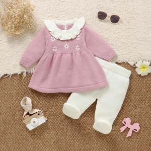 Infant Girls Clothes Sets Fashion Floral Knitted Sweaters Dress Tops+Leggings Newborn Pink Outfits 0-9m Toddler Knitwear Outwear