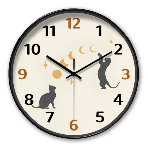 Round Cozy Healing Cat & Moon Phase Theme Quartz Wall Clock, Cute Relaxing Decorative Clock , 8-16 Inches