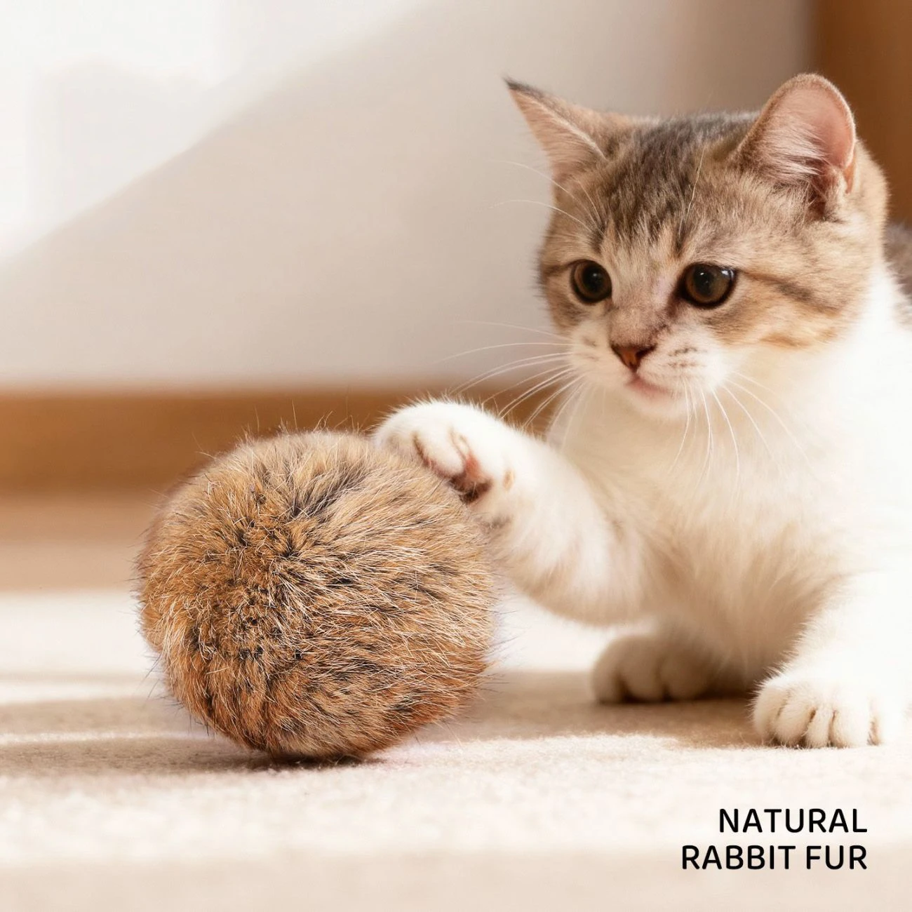 Cat toy rabbit fur ball real rabbit fur playful cat fur ball rich and pleasant pet scent sniffing cat rabbit fur ball toys - Image 4