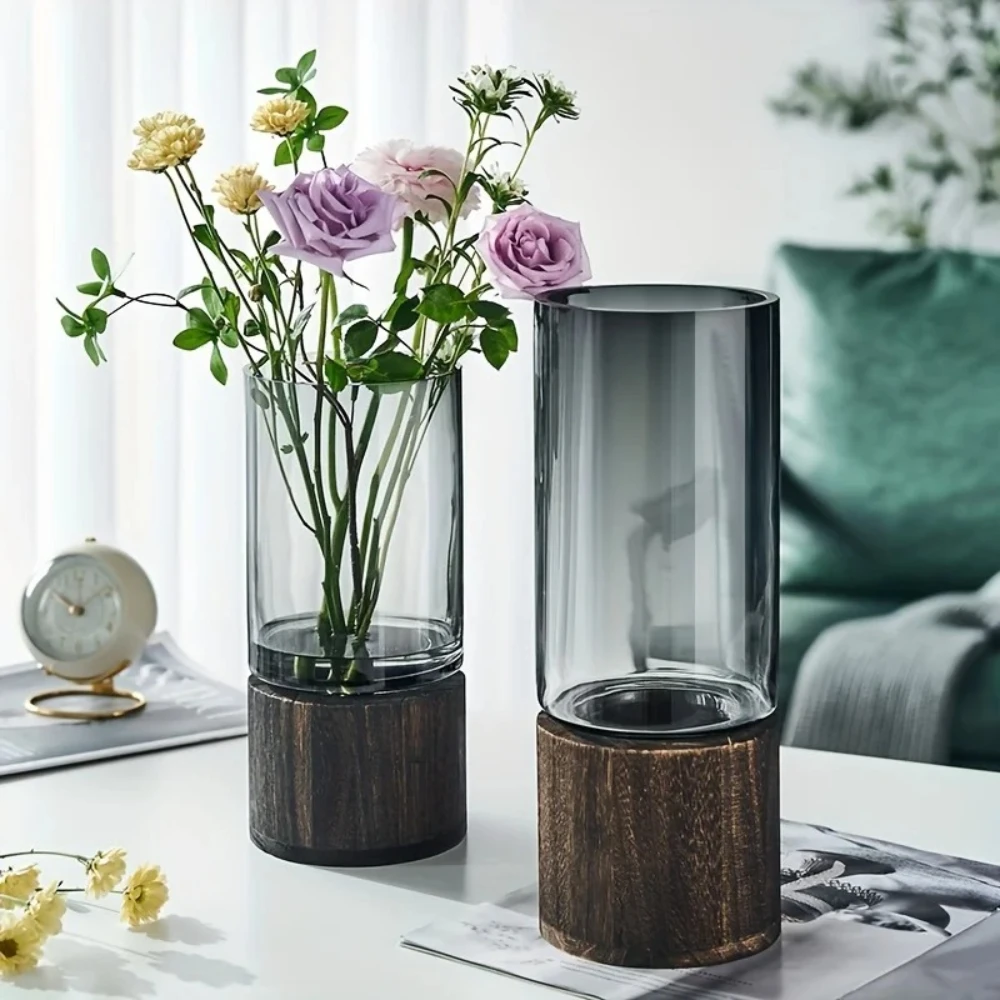 Simple Retro Light Luxury Wooden Base Glass Vase Water Nourishing Flowers Transparent Glass Vase Dining Table Decoration - Image 5