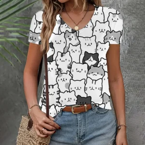 2024 New Women's Clothing T-shirt Summer Loose Short Sleeve 3d Cat Print Top Fashion V-neck Casual Clothing Women's T-shirt