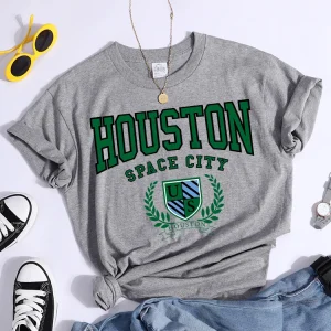 Bouston Space City Print Woman Tshirts Vintage Loose T-Shirts Niche Vintage Individual Top Tee Tshirt Short Sleeve Casual Tshirt