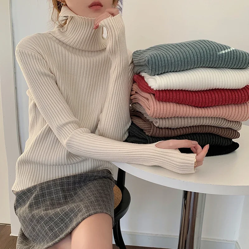 Autumn Winter Warm Thick Women Sweater Pullover Basic Korea Ribbed Sweaters Cotton Tops Knitted Solid Turtleneck with Thumb Hole - Image 2
