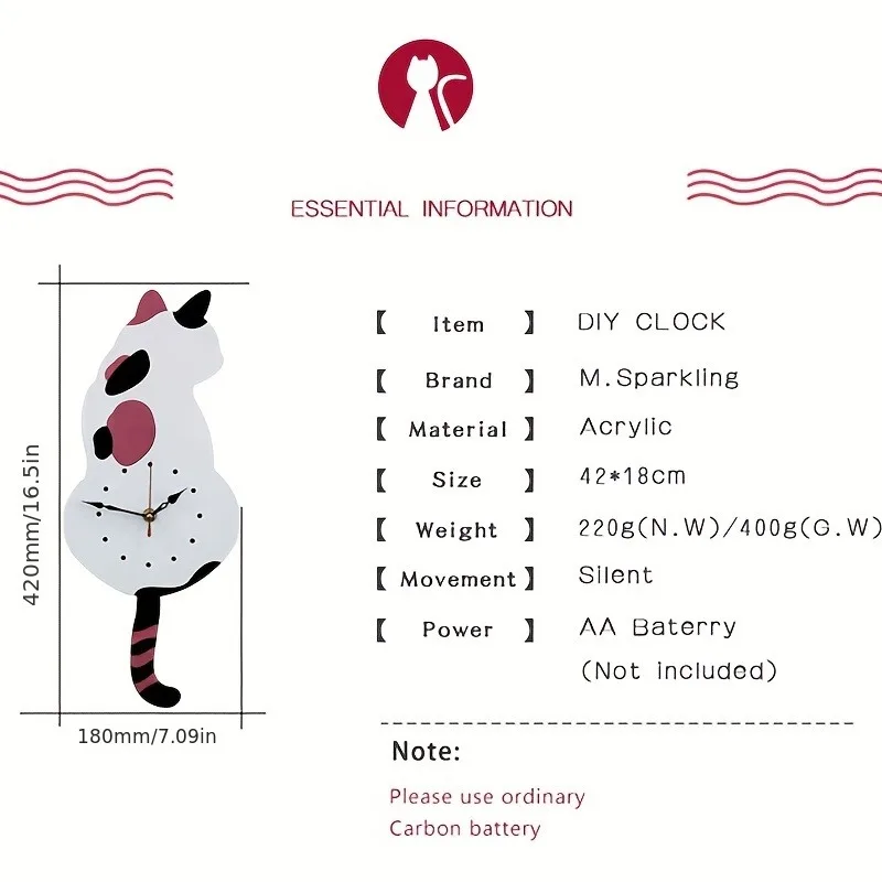 1pc Whimsical Black Cat Pendulum Wall Clock with Moving Tail - Fun and Unique Home Decor for Living Room Office Café and Bedroom - Image 6