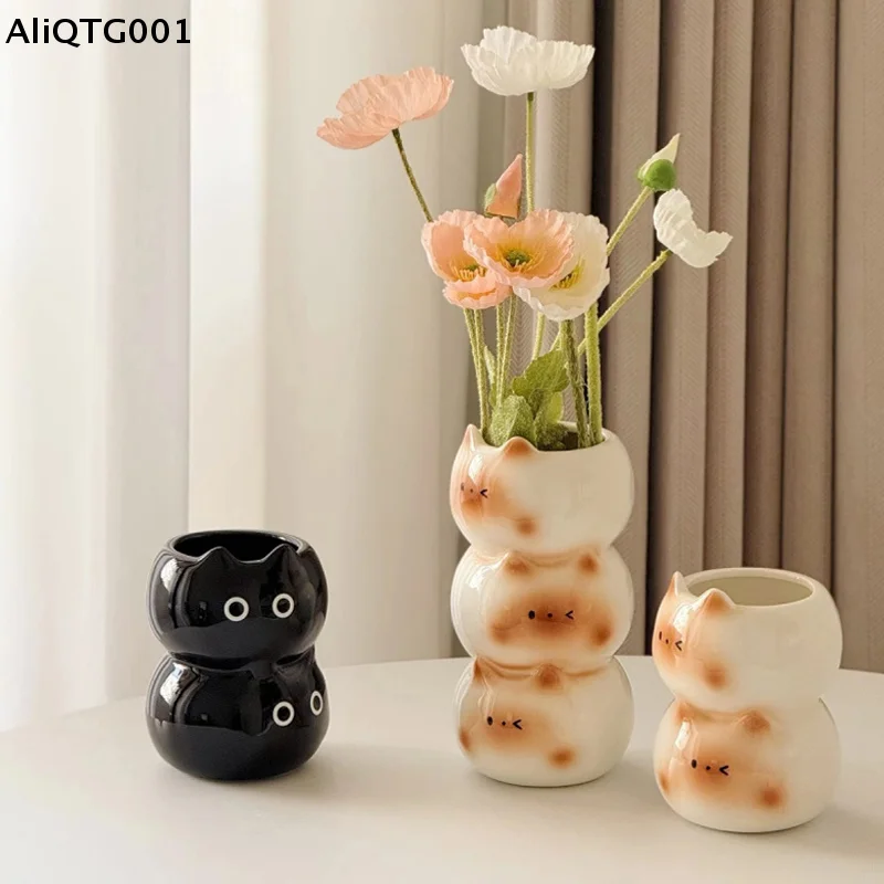 Ceramic Siamese Cat Flower Pot Living Room Bedroom Decorative Ornaments Creative Flower Arrangement Storage Holder - Image 3