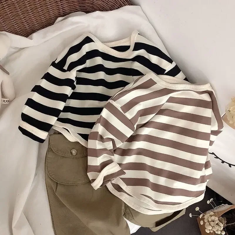 Spring Autumn Fashion Striped Children Long Sleeved T Shirt Loose Casual Kids Base Shirt Baby Boys Pocket Blouse Crewneck - Image 2