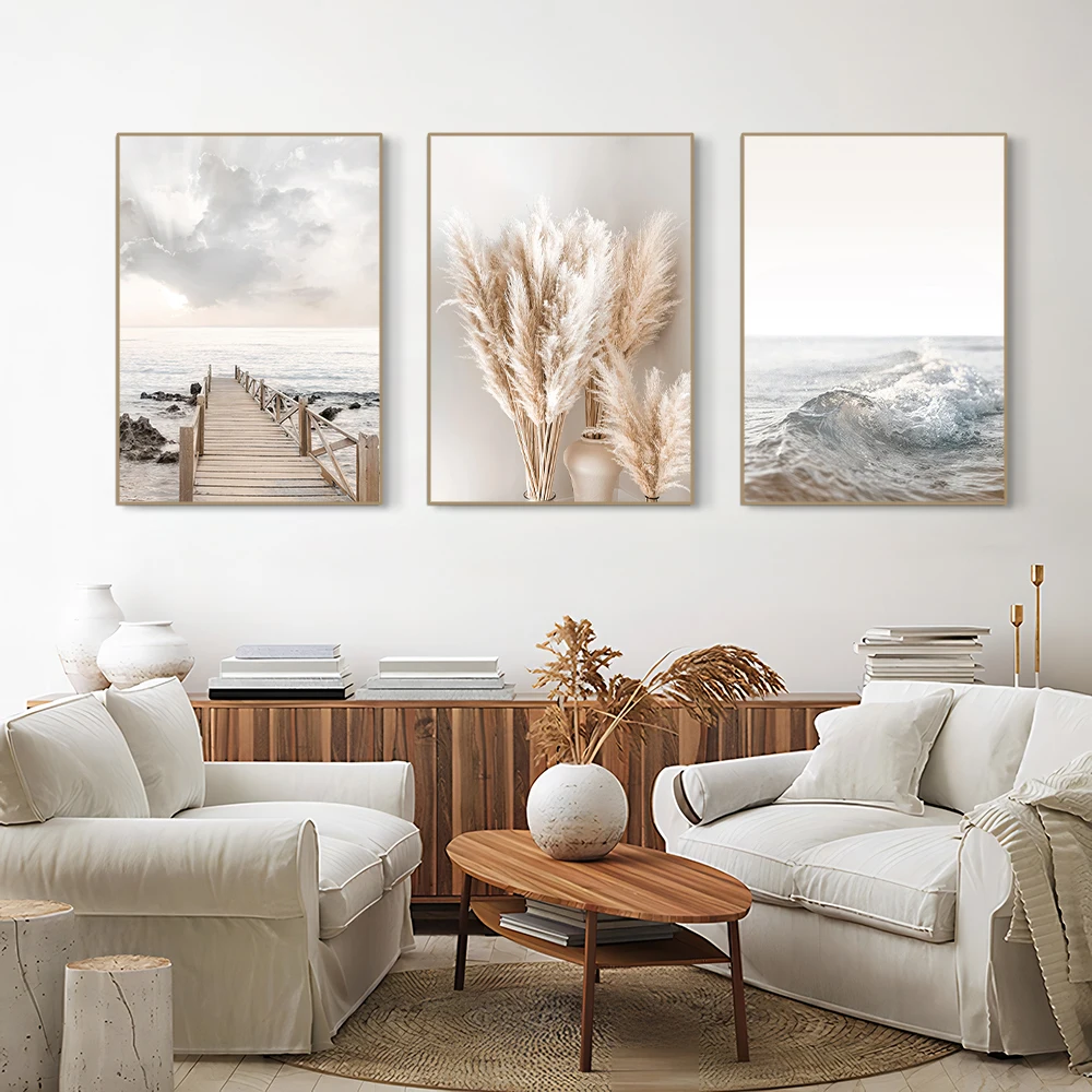 3PCS White Seascape Canvas Painting Nordic Sea Beach Pampas Botanical Grass Posters Decor Living Room Bedroom Wall Art Decor - Image 3
