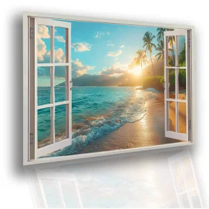 3D Sunset Blue Beach Nature Sky Aurora Lake Window View Poster Wall Art Sea Landscape Room Decor Wallpaper Picture