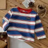 Kids Long Sleeve T-shirt 2025 New Retro Striped Cotton Shirt Spring Autumn Casual Top for Baby Toddler Boys Girls