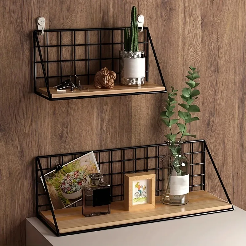 1Pcs Floating Shelves Wall Mounted Wood Storage Display Shelf with Metal Wire Basket Hanging Rack for Dorm Bedroom Bathroom - Image 3