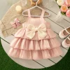 0-2 Years Baby Girl Dress Summer Pink Sweet Bow Suspender Cake Dress for Elegant Girl Party Wedding Dress