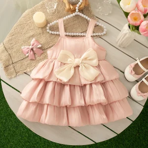 0-2 Years Baby Girl Dress Summer Pink Sweet Bow Suspender Cake Dress for Elegant Girl Party Wedding Dress
