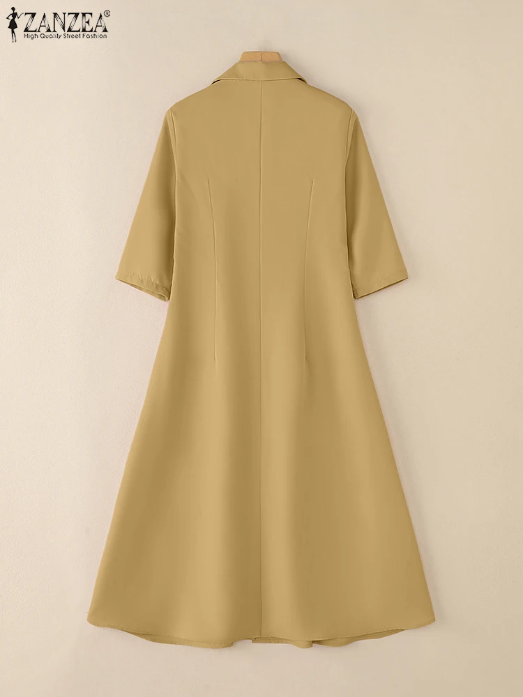 ZANZEA Woman Elegant Midi Dresses Womens Fashion 3/4 Sleeve Button Up Collared Shirtdress Autumn Commuting OL A-line Robes Femme - Image 3