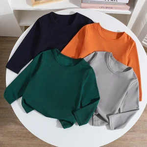 1/4 Piece Summer Autumn New Children's Solid Color Simple Waffle Grid Long Sleeved T-shirt Boys And Girls Fashionable Casual Top