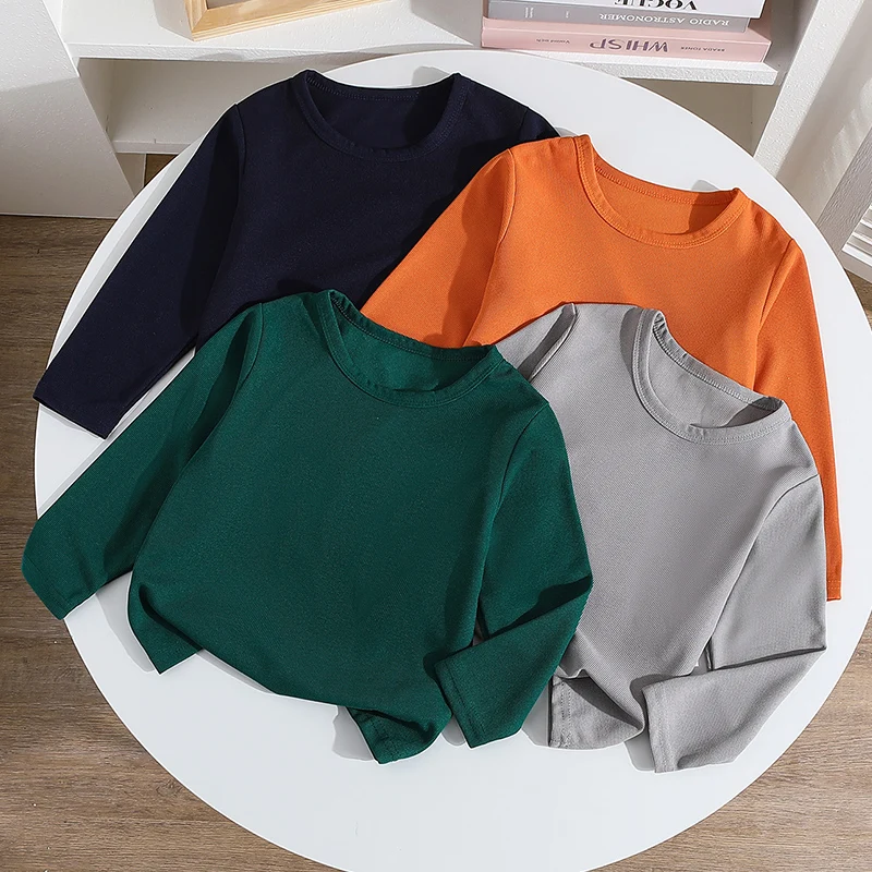 1/4 Piece Summer Autumn New Children's Solid Color Simple Waffle Grid Long Sleeved T-shirt Boys And Girls Fashionable Casual Top