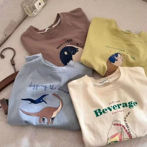 Kids Casual Loose Clothes New Child Short Sleeve Tops Round Neck Base Shirt Pure Cotton Tops Baby Clothing Dinosaur Print Tees