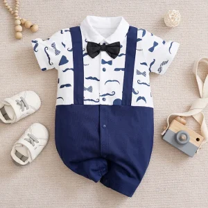 Newborn Baby Boy gentleman's bow tie printing fashion romper Summer white Beard print cotton short sleeve clothing 0-18 months