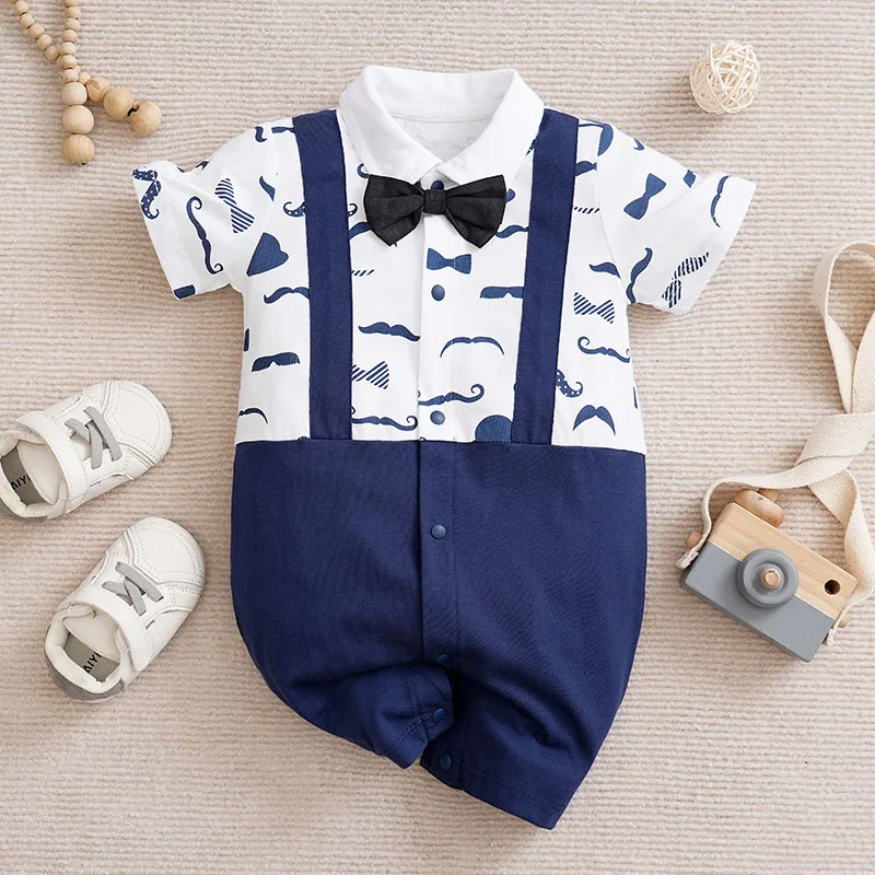 Newborn Baby Boy gentleman's bow tie printing fashion romper Summer white Beard print cotton short sleeve clothing 0-18 months