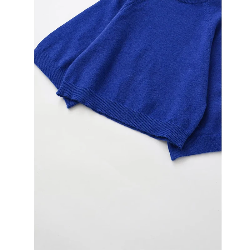 Blue Wide Sleeve Knit Pullover Women Spring 2025 Short High Neck Sweater - Image 4