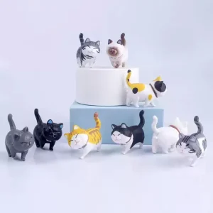 Mini Kitten Statue Simulation Animal Model Cartoon Funny Cat Figurine with Bowknot Design Desktop Ornament Dollhouse Decor