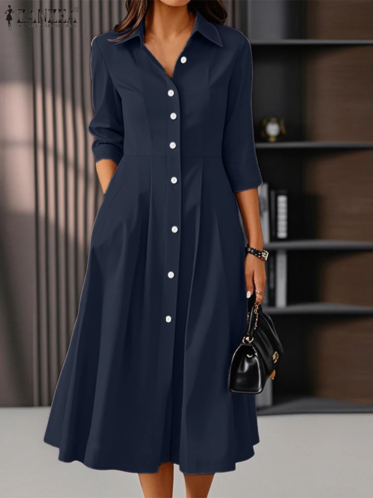ZANZEA Woman Elegant Midi Dresses Womens Fashion 3/4 Sleeve Button Up Collared Shirtdress Autumn Commuting OL A-line Robes Femme - Image 5
