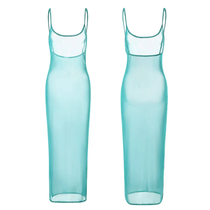 WPNAKS Women Sling Dress Sexy Club Summer Clothes 2024 Spaghetti Strap Low-cut See-through Slit Dress Streetwear - Image 5