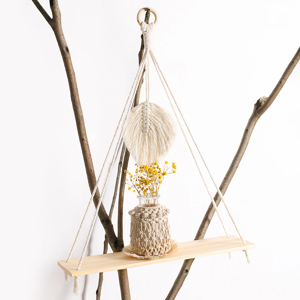 2Pcs Wooden Wall Shelf Wood Beads Macrame Leaf Floating Shelves Nordic Rome Decor Hanging Display Shelf Boho Home Decorations - Image 3