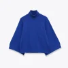 Blue Wide Sleeve Knit Pullover Women Spring 2025 Short High Neck Sweater