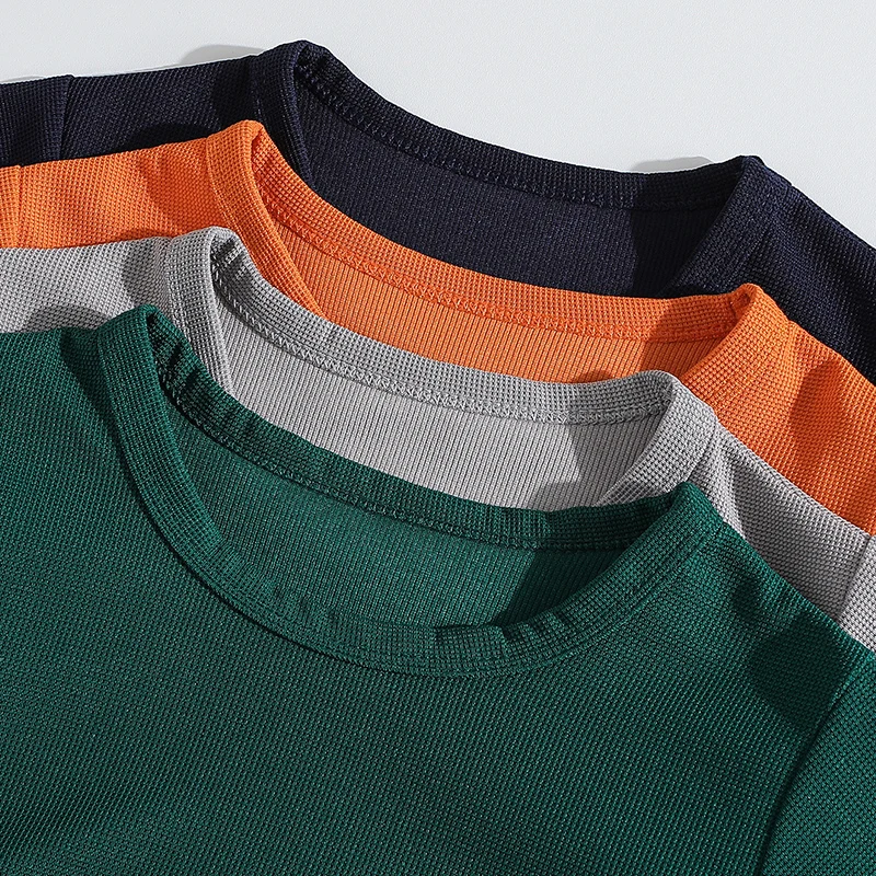 1/4 Piece Summer Autumn New Children's Solid Color Simple Waffle Grid Long Sleeved T-shirt Boys And Girls Fashionable Casual Top - Image 3