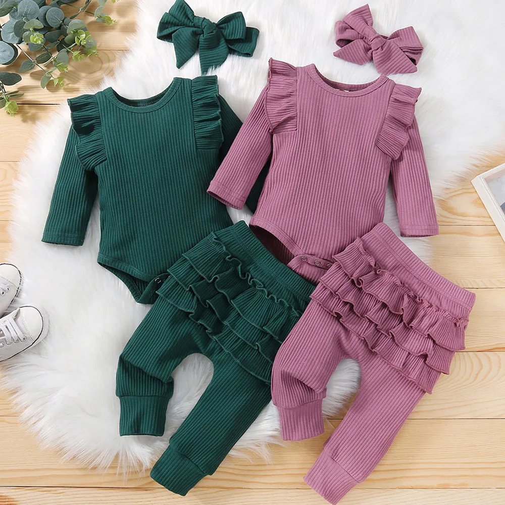 Newborn Baby Girls Clothes Infant Long Sleeve Ruffle Romper Bodysuits+Pants+Bow Headband 3Pcs Suit Children Toddler Outfit A422