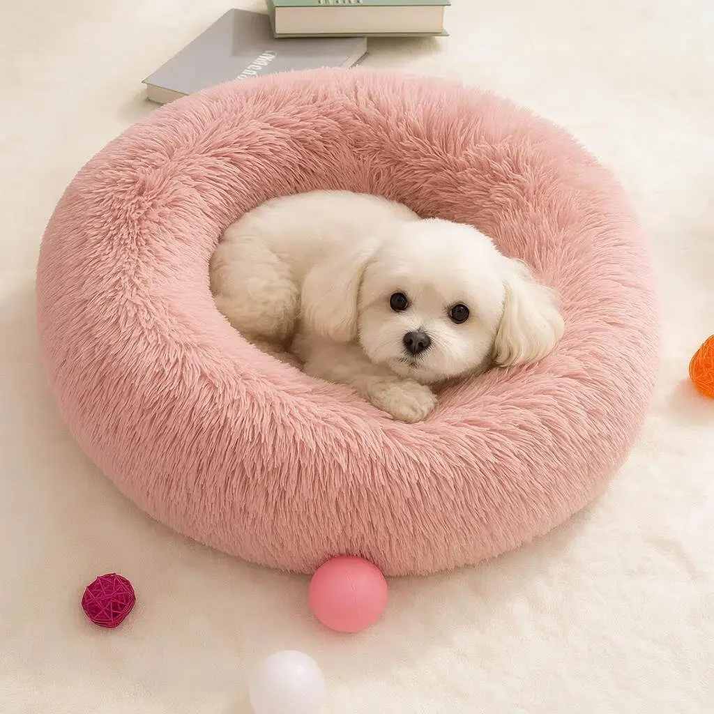 Fluffy Round donuts Dog Bed Sofa Plush Couch for Small cat Soft Cozy Pet Bed Mat in Beige Brown Gray Pink Blue Sizes S to XXXL