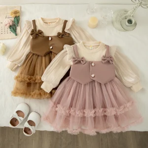Girls Dresses Spring And Autumn Cotton Bow Mesh Long Sleeved Baby Girl Dress Cute And Comfortable Princess Dress Baby Clothing