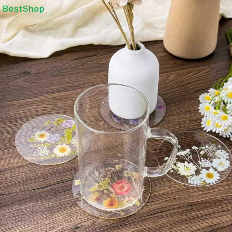 ♥Pressed Flower Resin Coasters Set-4pcs Natural Dried Flower Drink Mats,Transparent Decor Coasters for Home & Coffee Table - Image 2