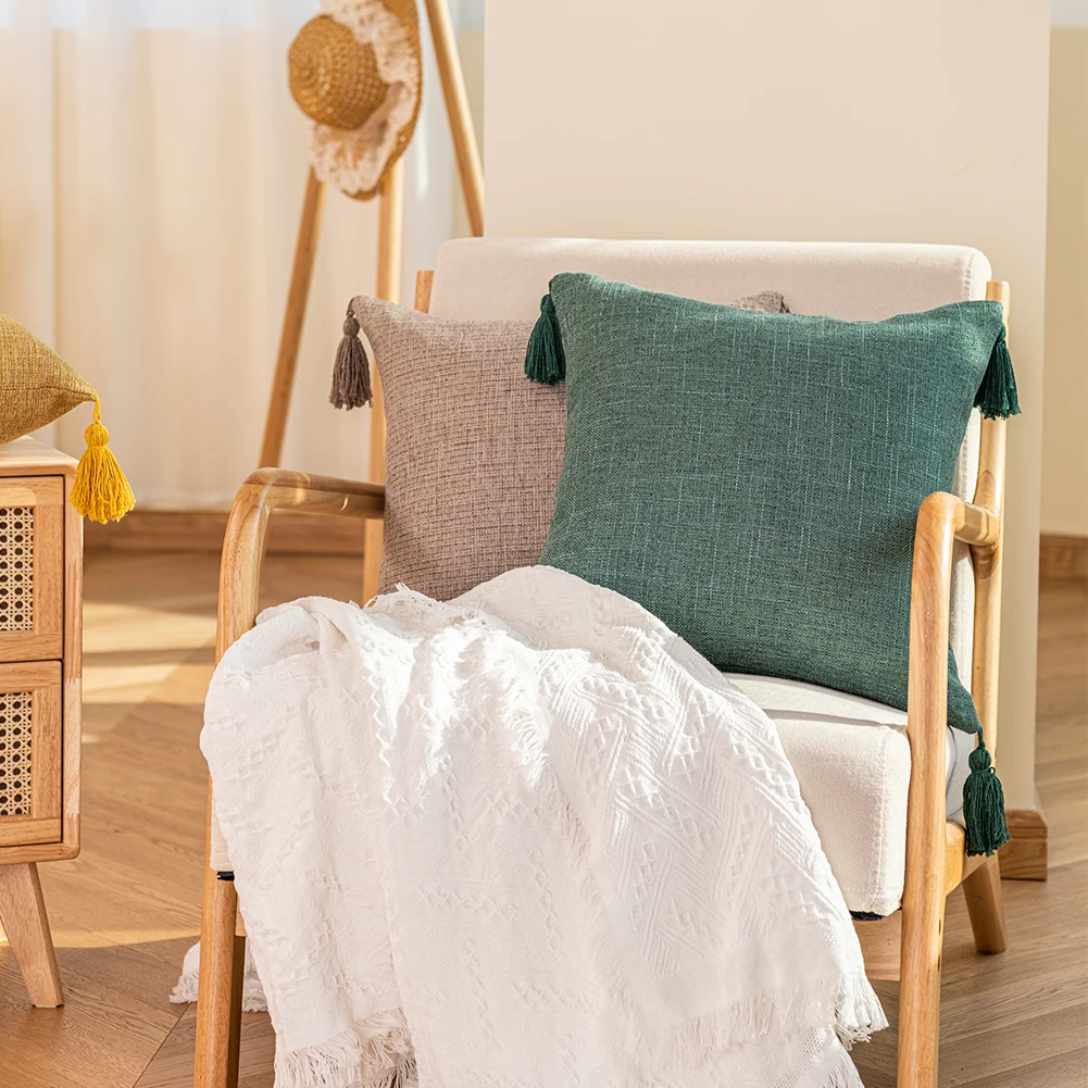 Tassel Solid Color Cushion Cover Square Linen Pillowcase for Living Room Sofa Bedroom Home Decoration 45x45 1PC - Image 4