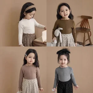 Girls' Korean Style Thermal Shirt Stretchy Mock Cashmere Blouse with Lace Trim Cute Spring/Fall Tops for Baby Toddler Kids