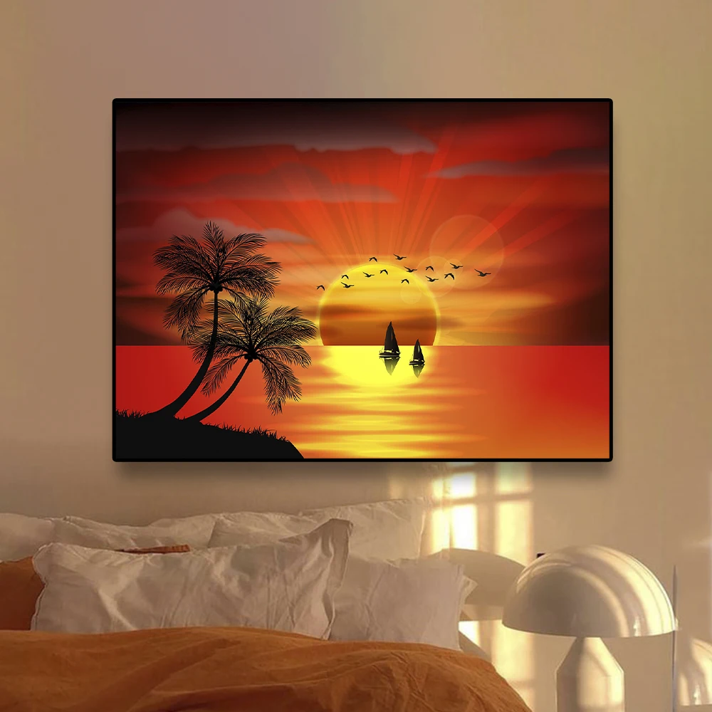 、Beach Landscape Canvas Paintings Sunset Gold Sea Pictures Tropical Palm Tree Wall Art Poster Scenery Home Decor - Image 3