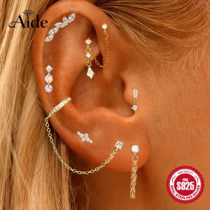 Aide 1pc 925 Sterling Silver Shimmering Clear CZ Zircon Ear Cuff With Chain Tassel Stud For Women Gift Cartilage Clip Earrings