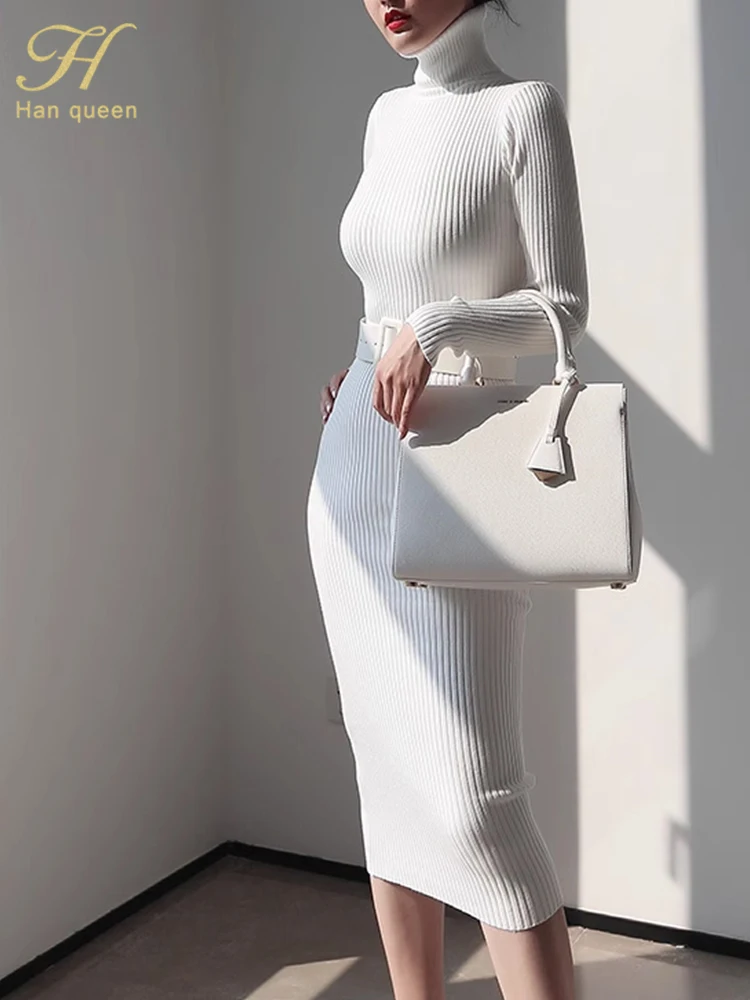 H Han Queen Knitted Turtleneck Sweater Bodycon Dress Bottoming Women Soft Elastic Autumn Winter Midi Party Dresses With Belt - Image 6