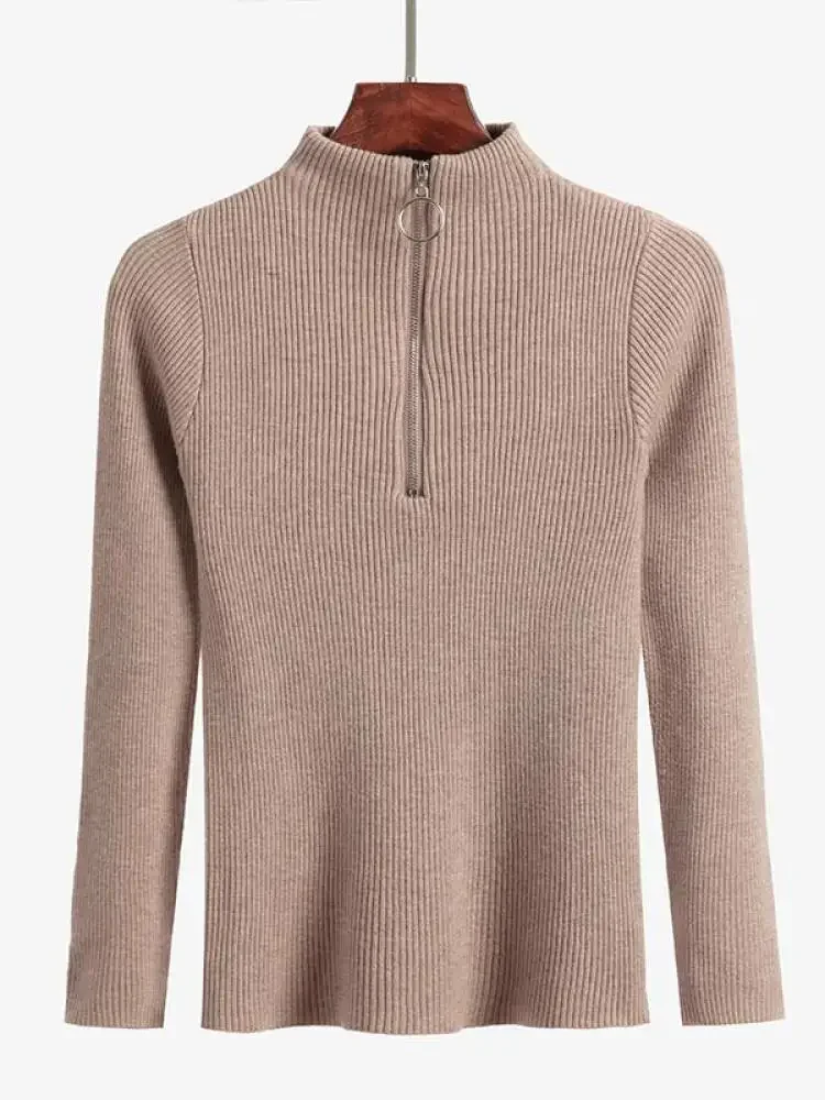 Fashion Solid Knitted Sweaters Female Vintage Long Sleeve Zip-up Basic Half Chic Turtleneck Sweater Women Pullovers Casual Tops - Image 5