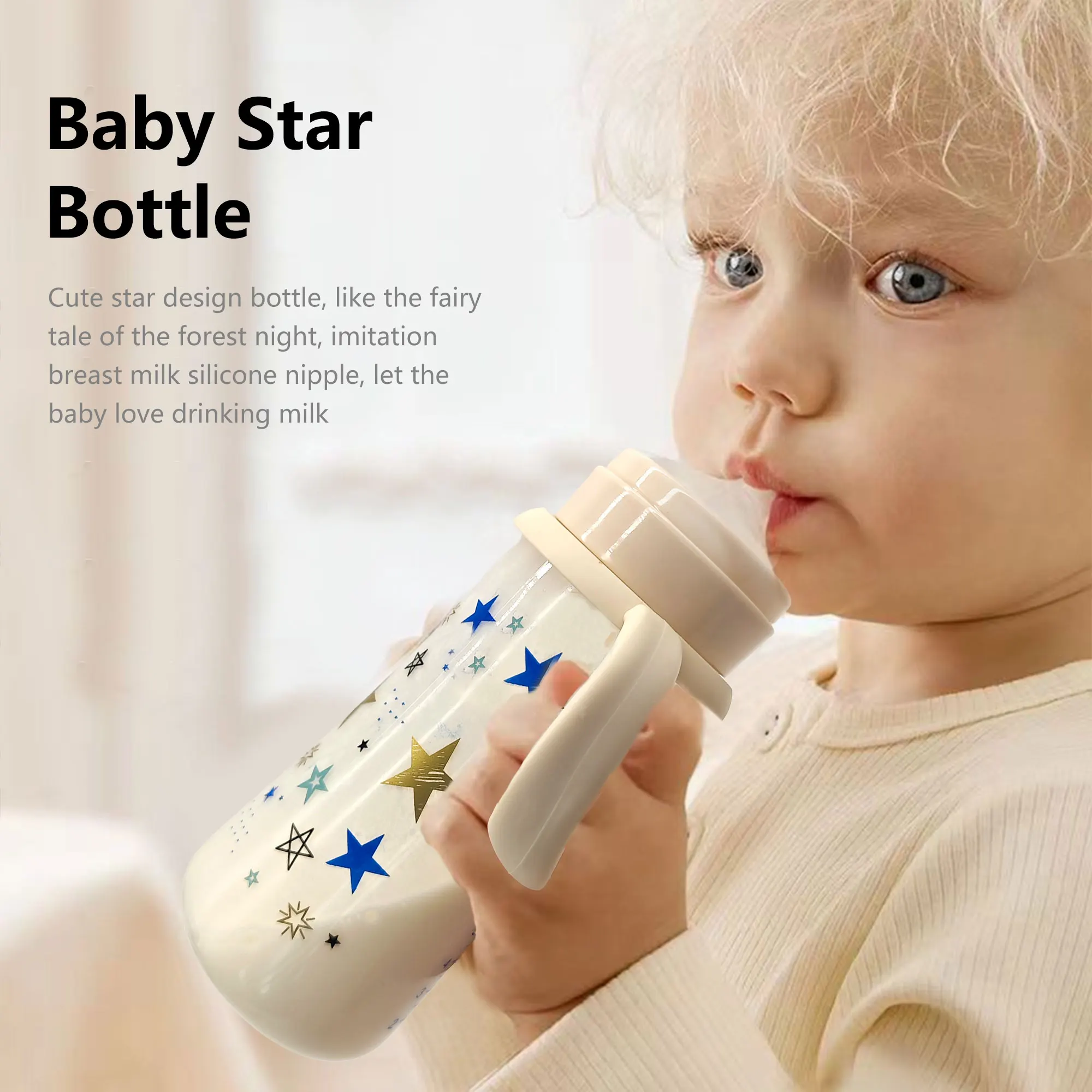 330ml baby feeding bottle, featuring cute star pattern, made of PP material, wide mouth with handle,shatter-proof and leak-proof - Image 2