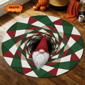 Christmas Gnome 3D Illusion Rug Festive Geometric Round Carpet Cute Nordic Gnome Floor Mat Christmas Gift Home Decor