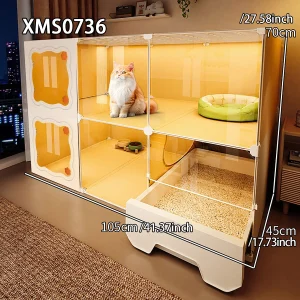 Cat Cage with Drawer-Type Litter Box, Indoor Kitten House with Toilet, Cat Cabinet with One Bedroom, One Living Room, and One Bathroom, Kitten Villa