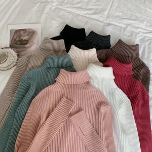 Autumn Winter Warm Thick Women Sweater Pullover Basic Korea Ribbed Sweaters Cotton Tops Knitted Solid Turtleneck with Thumb Hole