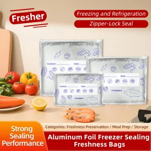 10pcs Food Grade Aluminum Foil Antibacterial Ziplock Bags for Fridge Freezer Meat Veg Storage, Holiday Party Home Use