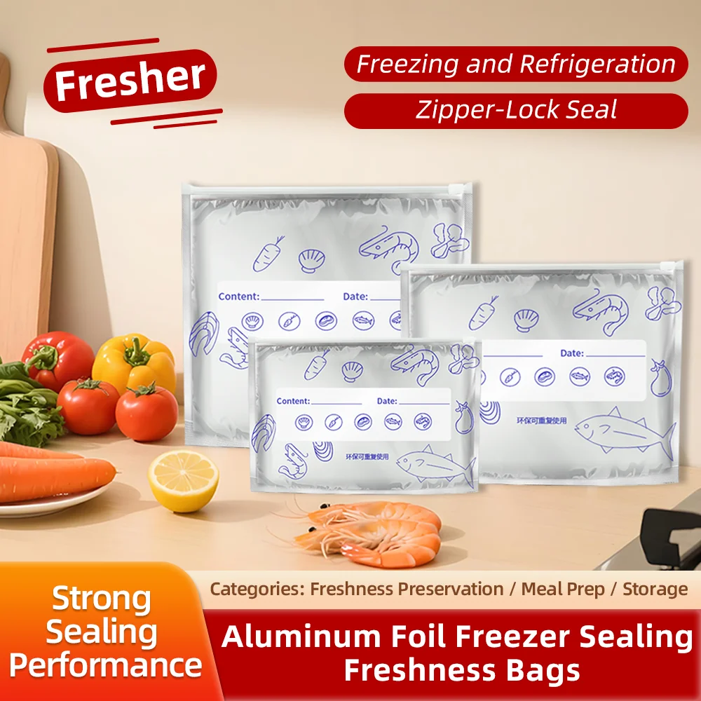 10pcs Food Grade Aluminum Foil Antibacterial Ziplock Bags for Fridge Freezer Meat Veg Storage, Holiday Party Home Use