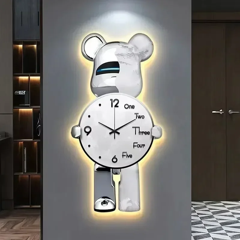 Aesthetic Bear Wall Clocks LED Lamp Bear Wall Silent Light Clock Luxurious Unique Living Room Porch Decor Interior Ornament