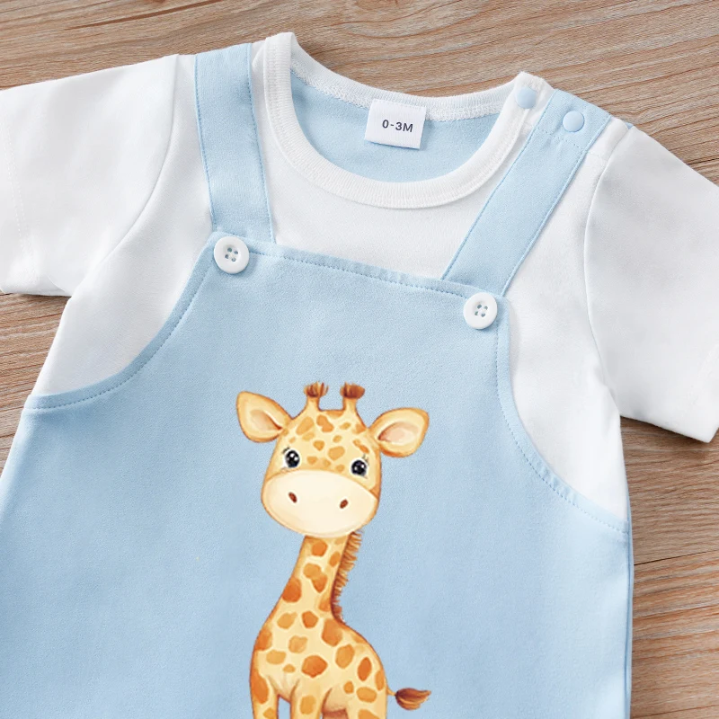 Newborn baby fake two-piece suspenders pink blue giraffe soft, comfortable and cute round-neck jumpsuit - Image 3