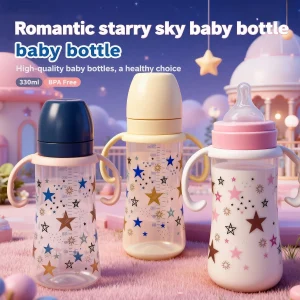330ml baby feeding bottle, featuring cute star pattern, made of PP material, wide mouth with handle,shatter-proof and leak-proof