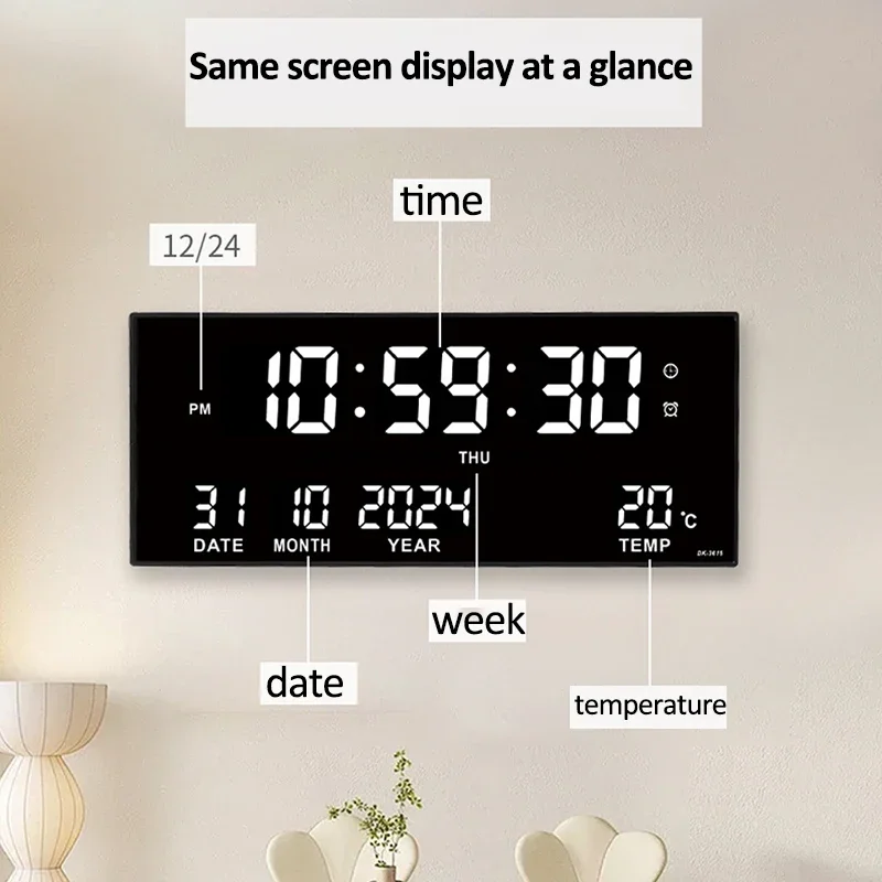 Digital Large Wall Clock Alarm Temperature Date Calendar Display 8 Sets of Alarm Clocks 14'' Electronic LED Clock Plug in Use - Image 2